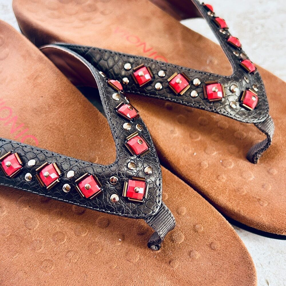 Vionic Sandals Size 8 Brown Moc Croc Thong Shoes Coral Pink Diamonds Gold Studs